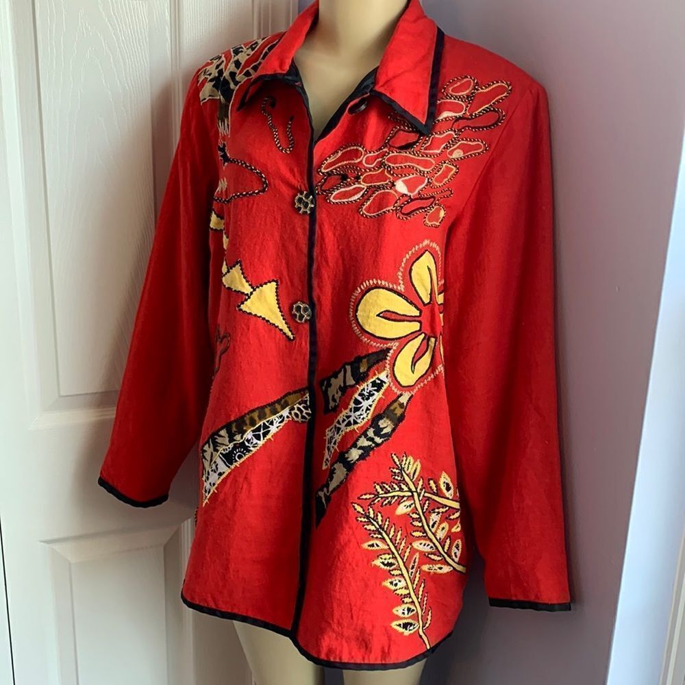Indigo Moon QVC Embellished Long Blazer Button Down Jacket M Red - Picture 1 of 8